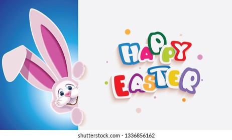Cute Easter Bunny next to white signboard with text - Happy Easter - isolated on a blue background