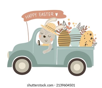 Cute Easter bunny with old Easter truck, Easter eggs and flowers on white background. Spring hand drawn vector illustration.