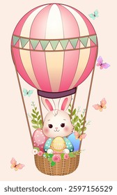 Cute Easter bunny on air balloon.
