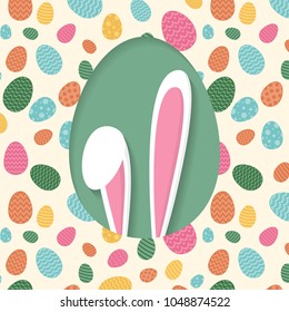 Cute Easter bunny on backgroun with colourful eggs. Vector.