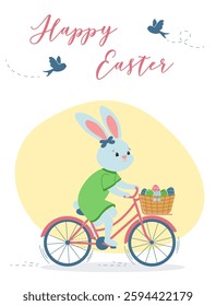 Cute Easter bunny on a bicycle. In a green dress and a bow. Eggs in a basket. Happy Easter inscription. Vector illustration for greeting card, poster