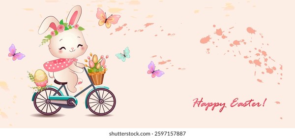 Cute Easter bunny on a bicycle. Banner design template -Happy Easter