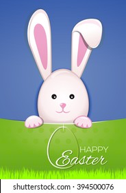 Cute Easter bunny on a blue background. Easter egg and greeting inscription "Happy Easter" on a green spring background. Symbol of Easter celebrations. Flat vector illustration