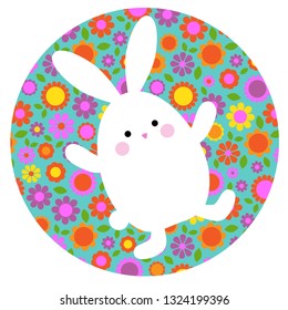 cute Easter bunny on circle shape with floral pattern