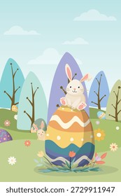 El conejo lindo de Pascua en el huevo decorado en el estilo dibujado a mano del campo con el fondo azul del cielo tiene espacio en blanco. Tarjeta de felicitación de Pascua feliz, cartel o Plantilla de Vertical de Anuncio.