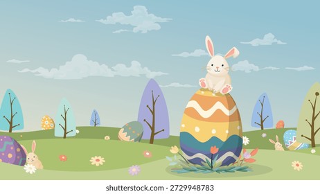 Conejito de Pascua lindo en huevo decorado en el campo estilo dibujado a mano con fondo de cielo del amanecer. Tarjeta de felicitación de Pascua feliz, cartel o Plantilla Horizontal del Anuncio.