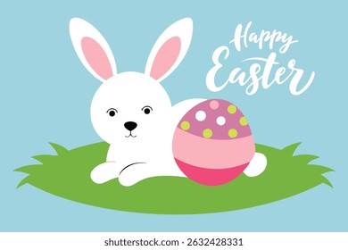 Cute Easter bunny on grass with pink polka-dot egg, flowers, and cheerful "Happy Easter" text. Perfect festive illustration for greeting cards, kids, and seasonal holiday celebration designs.