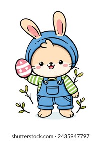 Cute Easter Bunny In Overalls With Egg