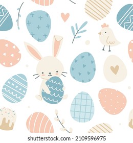 Cute easter bunny with painted eggs pattern. Seamless pastel color print for fabric, textile, apparel, nursery.