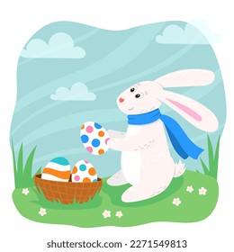 Cute Ostersonne mit lackierten Eiern in einem Korb. Vektorgrafik saisonale Illustration im Cartoon-Stil.