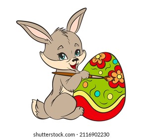 Cute Easter bunny painting an Easter egg with a brush.Vector illustration in a flat cartoon style