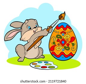 Cute Easter bunny painting an Easter egg with a brush.Vector illustration in a flat cartoon style
