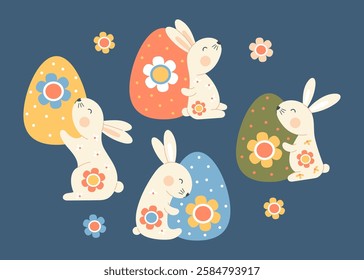 Cute Easter Bunny with Paschal Floral Egg. Adorable Spring Holiday. Isolated rabbit animal, flower for festive decor and design, postcards. Vector illustration in flat style 