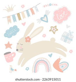 Cute Easter bunny with pastel clouds and rainbow around. Beige rabbit and spring elements for baby girl illustration. Cup and snail.