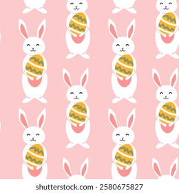 Cute easter bunny pattern with geometric eggs for holiday design and decoration.