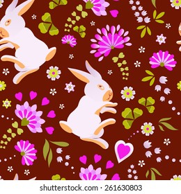Cute Easter bunny pattern with hearts and flowers on Chocolate Background. VECTOR. 
