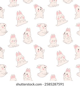 Cute Easter bunny pattern in kawaii style. Seamless design with hand drawn rabbits. Great for fabric prints, stationery, nursery decor, stickers and packaging