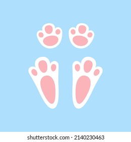 Cute easter bunny paw. Rabbit or hare footprint. Bunny foot prints on snow. Hare steps track. Vector illustration isolated on blue background in flat style.