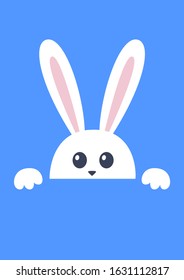 Cute Easter bunny peeking out. Vector illustration isolated on blue background