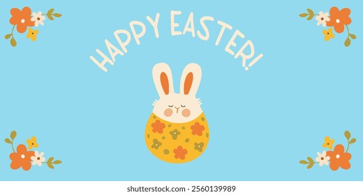 A cute Easter bunny peeking out of an egg with floral patterns. The bunny has a happy expression and is surrounded by spring flowers. Perfect for Easter cards, social media posts, or any project.