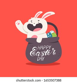 Cute Easter bunny peeks out of the basket with eggs and hand lettering vector cartoon illustration isolated on background.