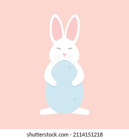 A cute Easter bunny peeks out from behind an egg. Vector illustration.