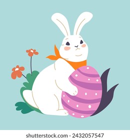Cute Easter bunny personage holding egg with polka dot and stripes print. Isolated character with long ears, sitting on meadow with spring flowers blossom. Holiday celebration. Vector in flat style