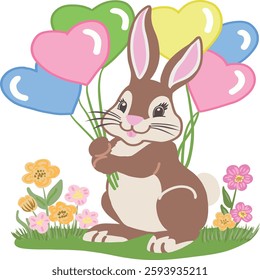 Cute Easter bunny with pink, blue and green heart balloons