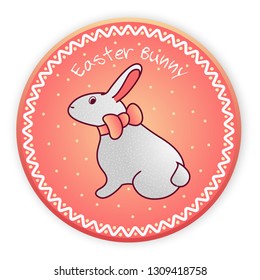 Cute Easter Bunny with a pink bow on a round card with an ornament. On a bright pink background. Postage card. Vector illustration.