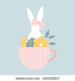 Cute easter bunny in pink cup with flowers and eggs. Flat vector illustration