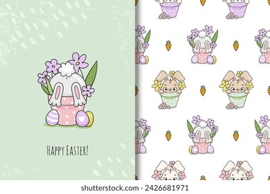 Cute Easter bunny in the pots illustration, card and seamless pattern
