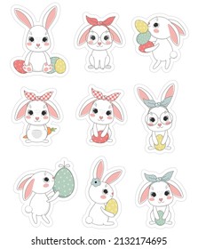 Cute easter bunny printable stickers. Vector illustration.