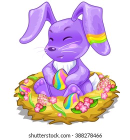 Cute Easter Bunny purple color sits in the nest with eggs. Vector illustration.