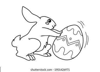A cute Easter bunny is pushing a beautiful egg. Black and white hand drawn doodle vector illustration. Perfect for antistress book, for coloring and for easter greeting cards.