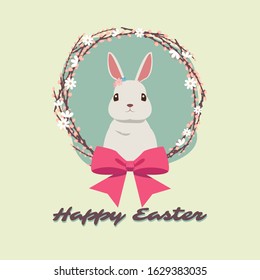 Cute Easter bunny with pussy willow wreath and daisy flowers in pastel color. Flat design style. 