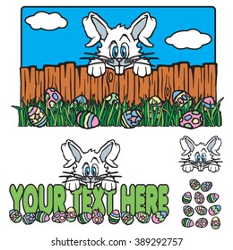 Cute Easter Bunny Rabbit Cartoon Illustration Looking over Fence at Easter Eggs in the Spring Time!