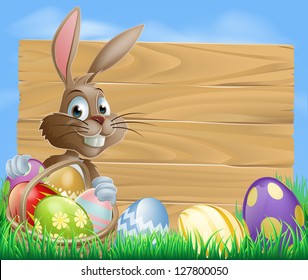 A cute Easter bunny rabbit character standing by wooden sign holding basket decorated Easter eggs surrounded by Easter eggs in field