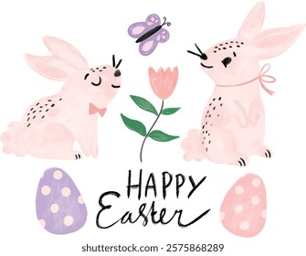 cute easter bunny rabbit couple in pastel pink peach purple soft color in the garden with flower butterfly and polkadot pattern eggs spring greeting card