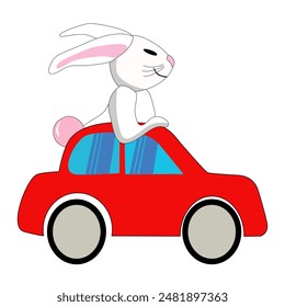 Cute Easter Bunny or Rabbit driving a red toy car