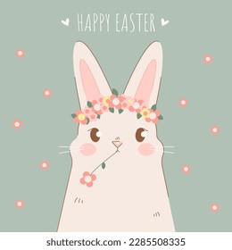 Cute Easter bunny rabbit with flowers. Happy easter card, social media post.Cartoon vector holiday illustration