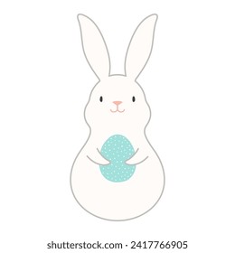 Cute Easter bunny, rabbit, hare holding egg cartoon character illustration. Hand drawn style line art design, isolated vector. Holiday clip art, seasonal card, banner poster, element