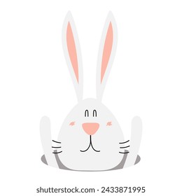 Cute Easter bunny, rabbit, hare looking out of the hole illustration. Hand drawn cartoon character, isolated vector. Flat style design. Holiday clip art, seasonal card, banner, poster, element
