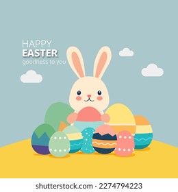 Cute Easter Bunny rabbit holding colorful Easter Eggs