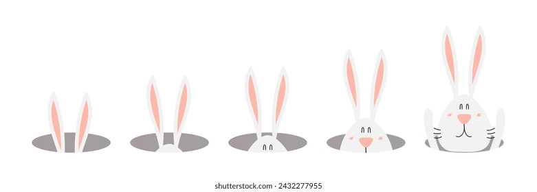 Cute Easter bunny, rabbit looking out of the hole illustration, horizontal border. Hand drawn cartoon character, isolated vector. Flat style design. Holiday clip art, card, banner, poster, element