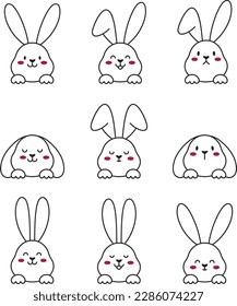 A cute Easter bunny. Rabbit muzzle with paws. Vector illustration outline	