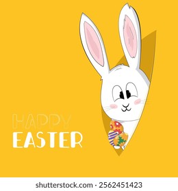 cute Easter Bunny rabbit with painted Easter eggs Easter original  
 yellow greeting poster, flyer, card, layout , presentation, brochure, banner, templates 