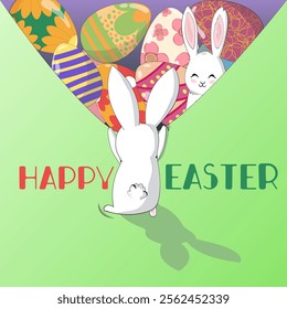 cute Easter Bunny and rabbit with painted Easter eggs Easter original  greeting poster, flyer, card, layout , presentation, brochure, banner, templates