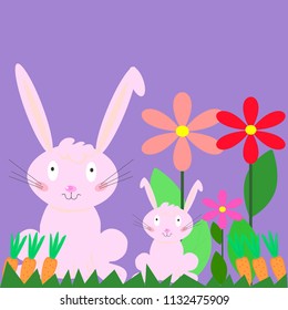 Cute  easter bunny rabbit vector illustration and flowers. Easter rabbit with carrots in flowers. Design elements.