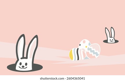 Cute Easter bunny rabbits with colourful eggs greetings banner concept 