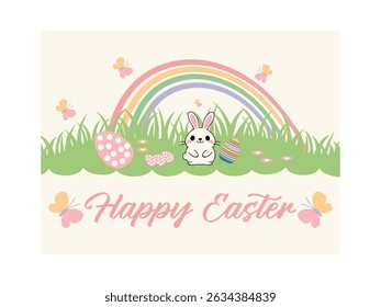 Cute Easter Bunny with Rainbow and Eggs